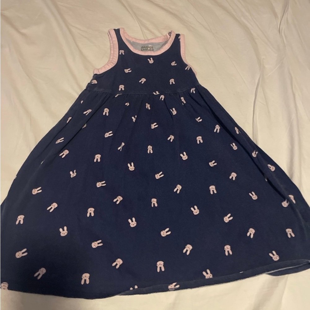 Navy Blue Sleeveless Dress with Pink Bunny Print